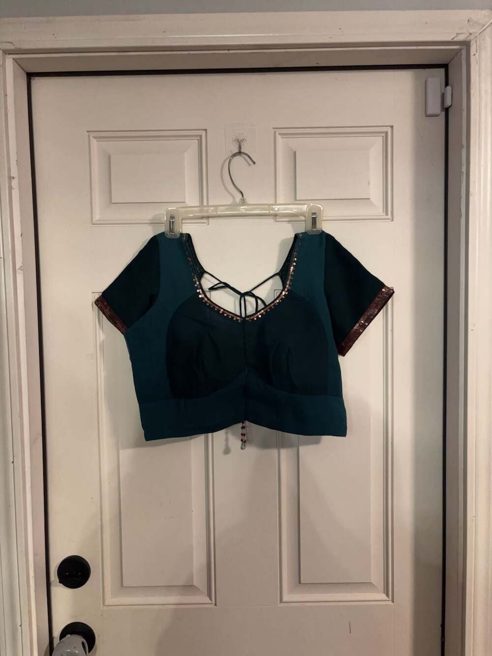 Medieval Teal and Dark Green Embellished Saree Blouse with Sequin Trim Handmade